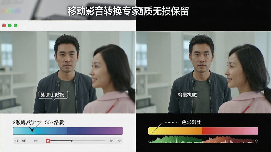 一张展示移动影音转换专家画质无损保留的图片,主体是转换前后画面对比效果,布局为左右分屏对比,排版对称,风格为写实风格,细节包括清晰度标注、色彩对比条,画质高清,干净,无多余元素