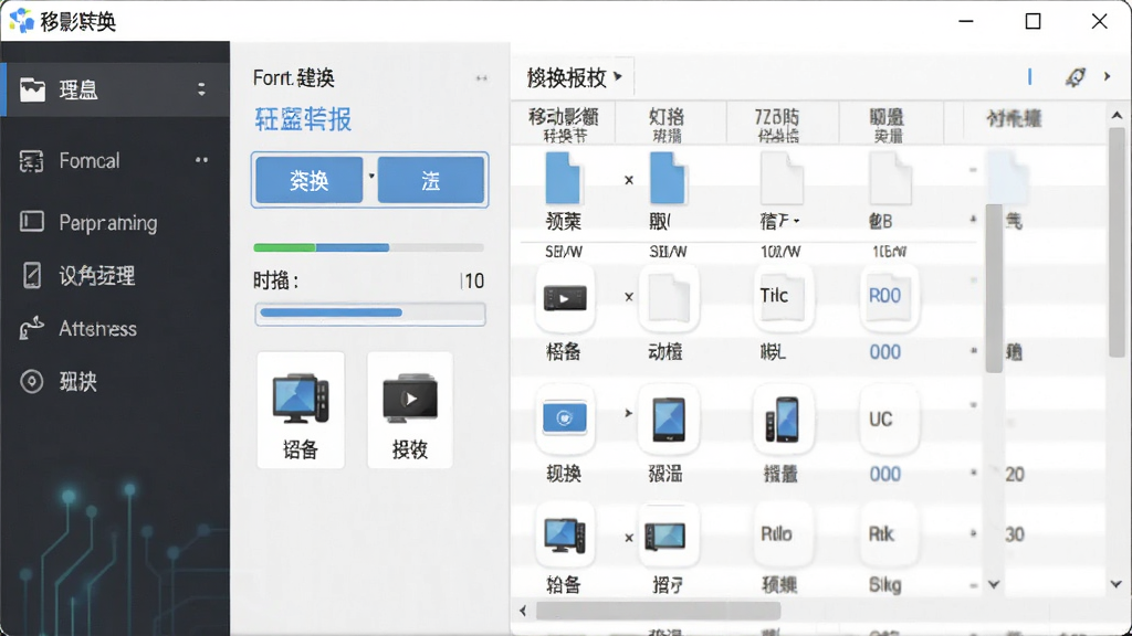 一张展示移动影音转换专家软件界面的图片,主体是软件主窗口,布局为左侧功能导航栏和右侧文件列表区域,排版清晰整齐,风格为现代简约科技风,细节包括格式转换按钮、进度条、设备预设图标,画质高清,干净,无多余元素