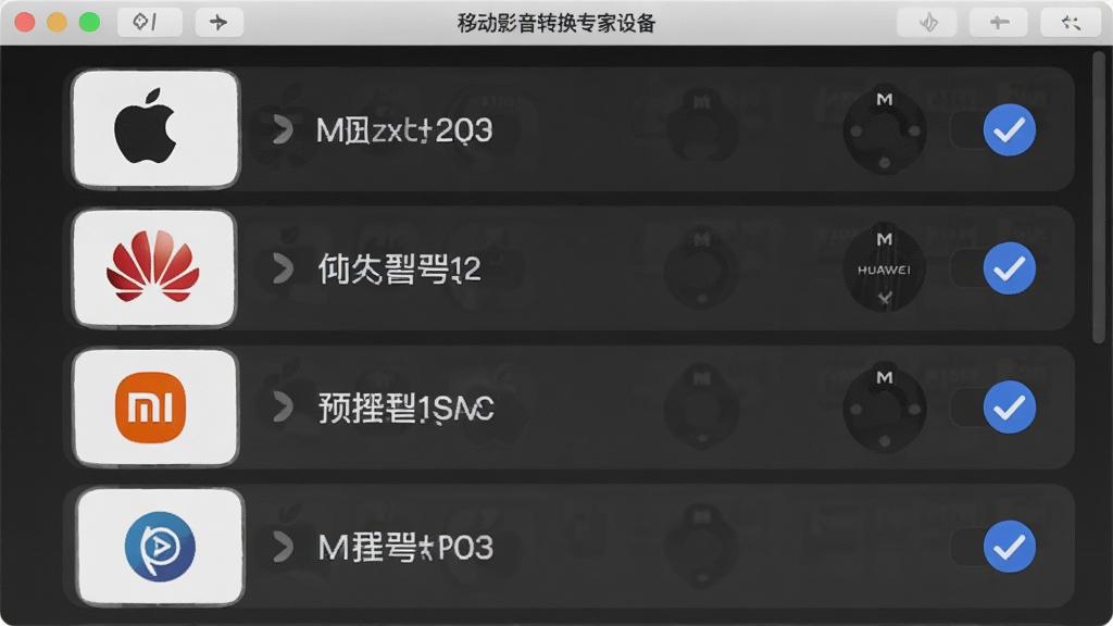 一张展示移动影音转换专家设备预设功能的图片,主体是软件界面中设备选择列表,布局为纵向排列的品牌图标和型号选项,排版整齐,风格为清爽扁平风,细节包括苹果、华为、小米等品牌标识和勾选状态,画质高清,干净,无多余元素