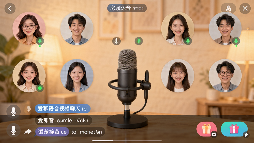 一张爱聊语音视频聊天室多人语音房界面的场景图,画面中显示多个用户头像围绕麦位排列,下方有文字聊天区和礼物按钮,背景为柔和暖色调,风格亲切友好,细节包括麦克风状态图标、房间主题标签,画质清晰,界面整洁,无多余元素