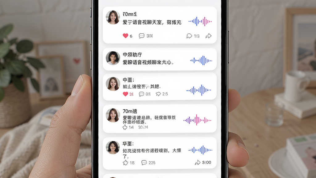 一张爱聊语音视频聊天室动态广场页面的场景图,画面中展示多条用户动态卡片,包含头像、文字内容和语音波形图标,布局为瀑布流形式,风格清新明亮,细节包括点赞和评论按钮,画质高清,页面干净,无多余元素