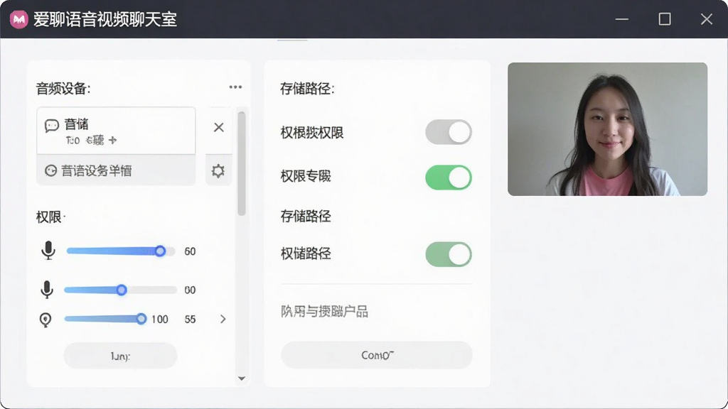 一张展示爱聊语音视频聊天室电脑端设置界面的场景图,画面中显示音频设备选择、权限开关和存储路径选项,界面风格简洁,细节包括麦克风音量条和摄像头预览小窗,画质清晰,布局规整,无多余元素
