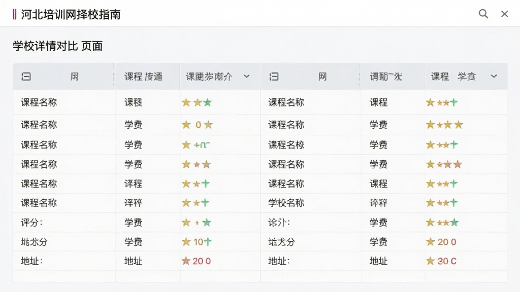 河北培训网择校指南学校详情对比页面,主体为软件界面中的对比表格,布局为左右两列学校信息对照,排版对称,风格素雅极简,细节包括课程名称、学费、评分、地址等字段,画质高清,干净,无多余元素