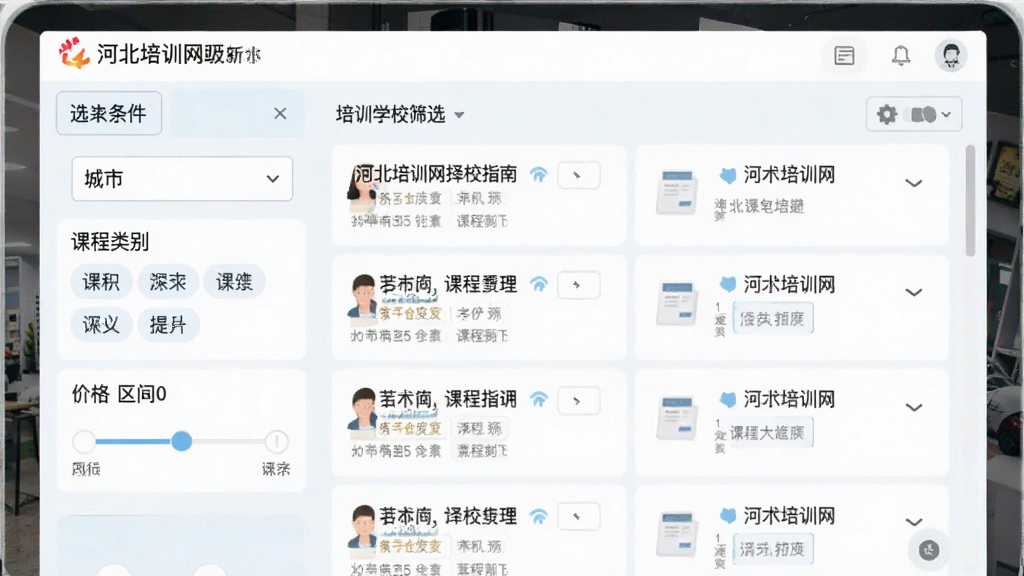 河北培训网择校指南软件中培训学校分类筛选界面,主体为软件操作界面,布局为左侧筛选条件栏与右侧学校列表,排版规整,风格清新浅色,细节包括城市下拉菜单、课程类别标签、价格区间滑块,画质高清,干净,无多余元素