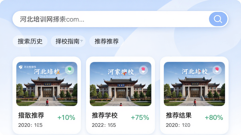 河北培训网择校指南智能搜索推荐界面,主体为软件搜索框与推荐结果列表,布局为顶部搜索栏与下方卡片式推荐,排版流畅,风格柔和圆角,细节包括搜索历史标签、推荐学校封面图、匹配度百分比,画质高清,干净,无多余元素