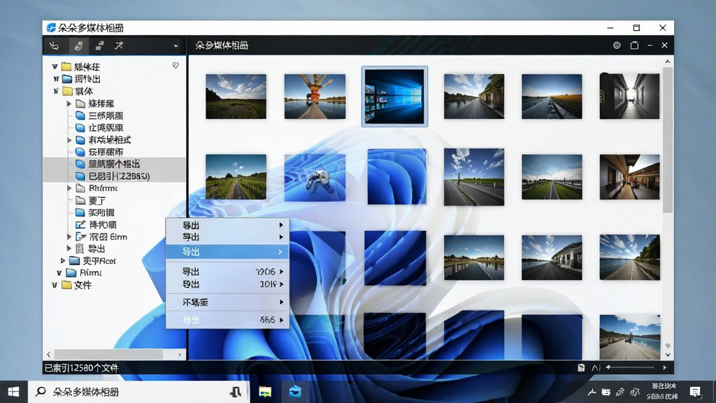 朵朵多媒体相册在Windows桌面上的运行状态截图,画面中软件窗口左侧显示媒体库树状目录,右侧为照片网格视图,底部状态栏显示“已索引12580个文件”,背景为蓝色抽象壁纸,风格科技感,细节包含鼠标右键菜单弹出“导出”选项,画质清晰,干净无多余元素。
