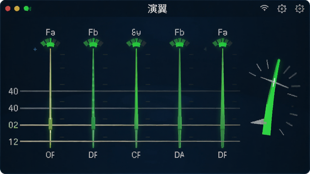 软件调音器界面截图,画面展示演翼软件的调音器功能,屏幕上显示六根琴弦的音名与音准偏差指针,指针偏向绿色区域表示音准正确,背景为深蓝色,指针为亮绿色,风格科技感强,画质清晰,无多余元素