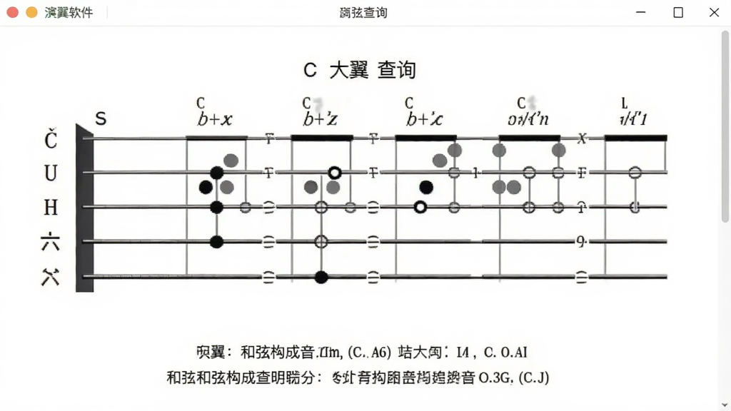 软件和弦查询界面截图,画面中央展示演翼软件的和弦查询功能,屏幕上显示C大调和弦的指法图,六根琴弦与品格清晰标注,手指按弦位置用圆点标记,下方有和弦构成音说明,背景为白色,风格简约,画质清晰