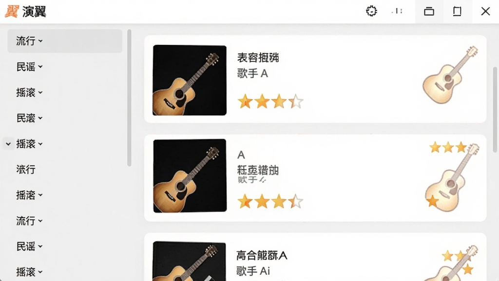 软件曲谱库界面截图,画面展示演翼软件的曲谱列表页面,左侧为分类筛选栏包含流行、民谣、摇滚等标签,右侧为歌曲卡片列表显示歌曲名称、歌手与难度星级,每张卡片配有吉他小图标,背景为浅灰色,文字清晰,排版整齐,画质干净无多余元素