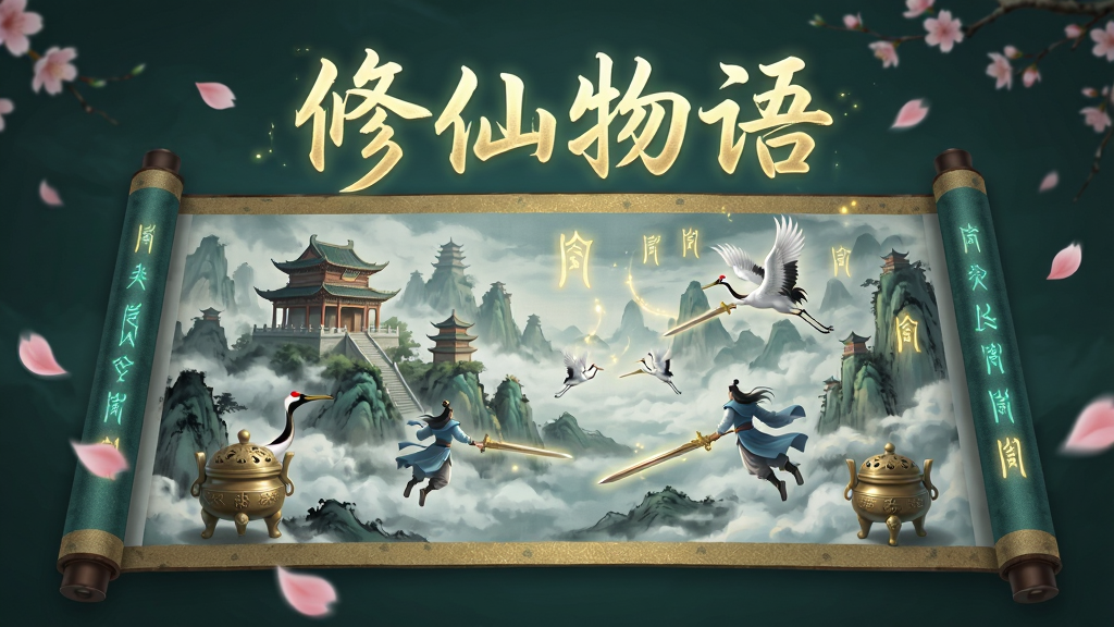 画面中央是一卷展开的古老仙侠画卷,画卷中描绘着云雾缭绕的仙山楼阁与御剑飞行的修士,画卷上方悬浮着发光的“修仙物语”四个大字,画面采用水墨国风与轻写实结合的风格,细节包含飘落的桃花瓣、灵鹤、丹炉、符文光效,整体色调以青绿与金色为主,布局为竖版手机屏幕比例,画质高清干净,无多余元素