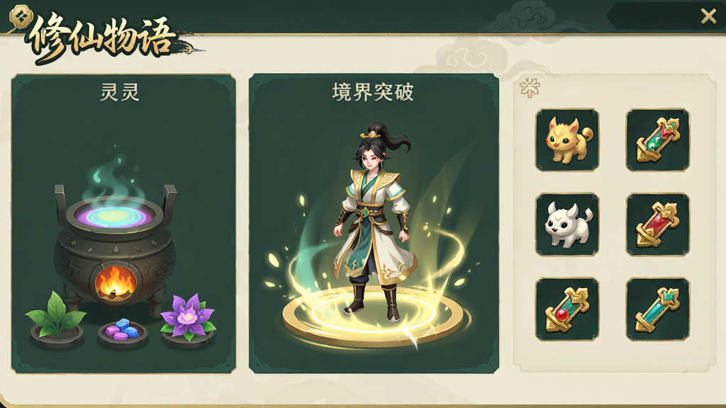 画面展示修仙物语游戏内的养成界面,左侧是炼丹炉与灵草材料,中间是角色境界突破的光效动画,右侧是灵宠与法宝图标,整体采用扁平化国风UI设计,配色以墨绿、金色、米白为主,布局清晰整洁,画质高清干净,画面中带有“修仙物语”游戏标题字样,无多余元素