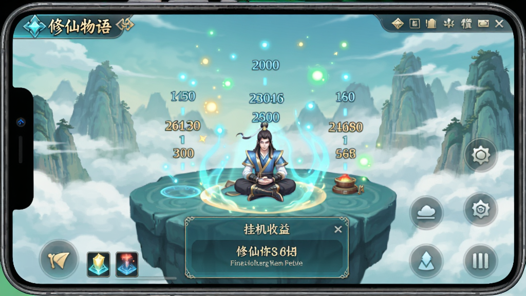 修仙物语游戏挂机界面截图风格,画面展示手机屏幕中角色自动打坐修炼的场景,周围环绕灵气光点与飘浮的修为数值,背景为仙山云海,界面底部有挂机收益弹窗,整体风格清新国风,配色以青蓝与淡金为主,布局为竖版手机比例,画质高清干净,画面中带有“修仙物语”游戏UI元素,无多余元素