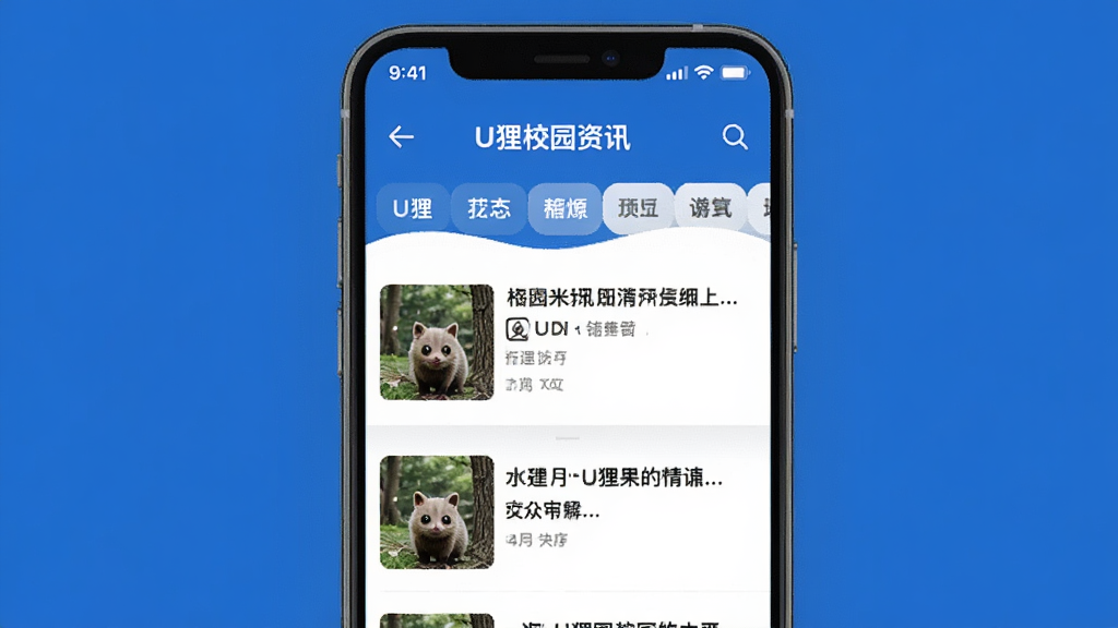 һ��U��У԰��Ѷҳ����ֻ���ͼ����棬�ֻ���Ļ����ʾУ԰��Ѷ�б���ÿ����Ѷ��������ͼ�ͱ��⣬�����з����ǩ��������ˬ��������ɫ������Ϊ��ɫ������ɾ��������������޶���Ԫ��