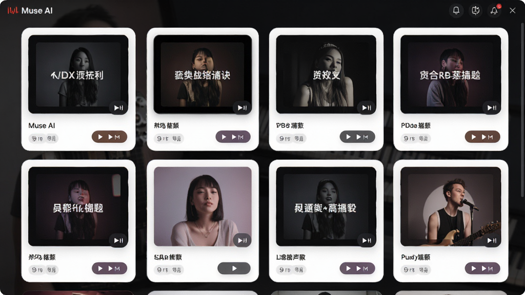 风格模板选择界面图,主体为Muse AI软件的风格模板库页面,布局采用网格卡片式排列,排版整齐展示各类音乐风格封面与标签,风格为清新明快的现代UI,细节包含风格名称文字与预览播放按钮,画质高清,干净,无多余元素