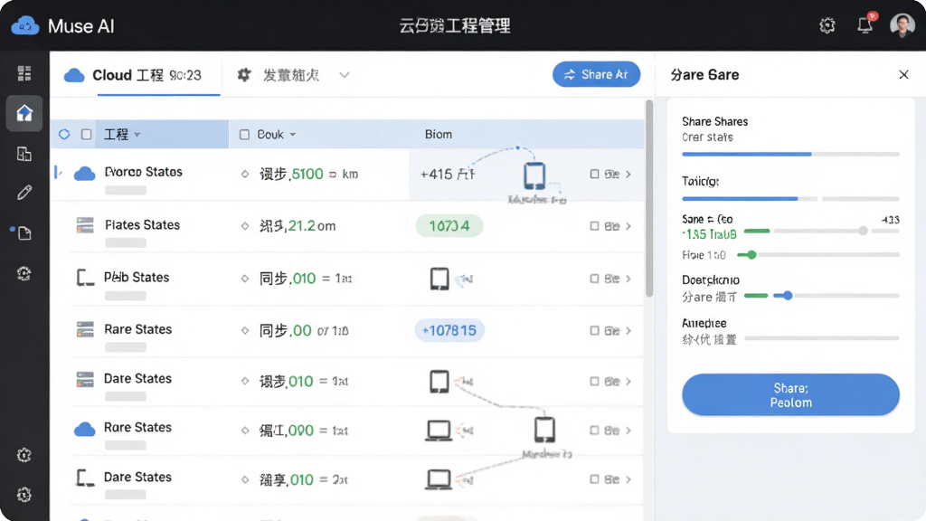 云端协作与分享功能图,主体为Muse AI软件的云端工程管理界面,布局左侧为工程列表右侧为分享设置面板,排版清晰展示同步状态与分享按钮,风格为简洁商务风,细节包含云朵图标与设备连接示意,画质高清,干净,无多余元素
