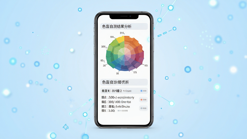 一张色盲自测结果分析页面截图风格图,画面中央为手机屏幕显示彩色图表和文字分析报告,背景为浅蓝色渐变,主体突出,布局居中,风格科技简约,细节丰富,画质高清,干净无多余元素