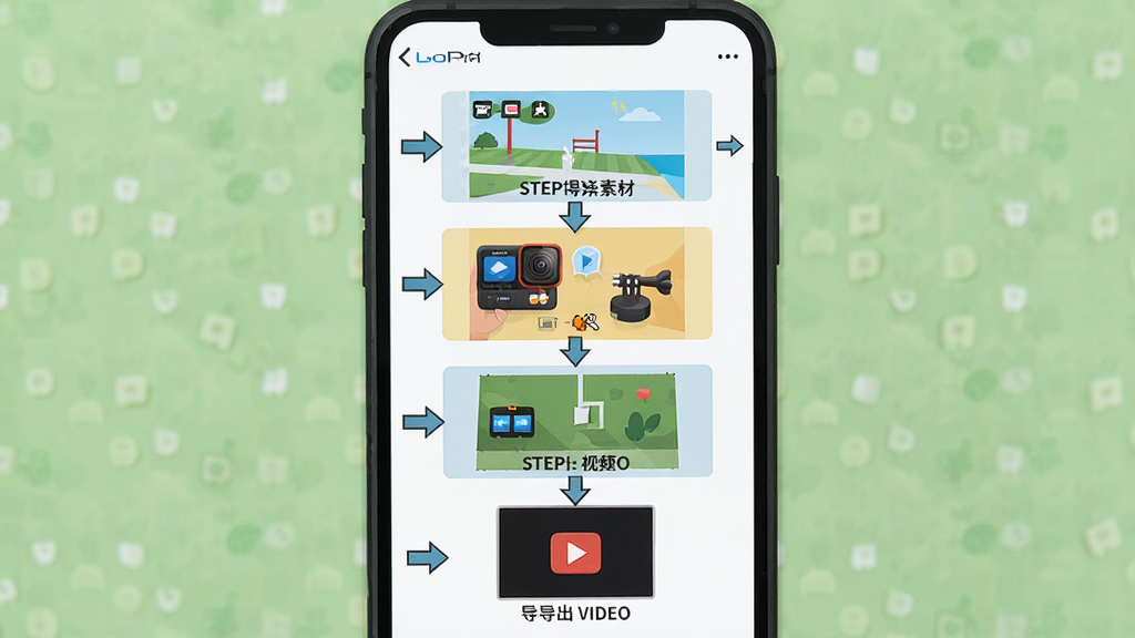 一幅GoPro Quik新手操作流程示意图,主体为手机屏幕展示从导入素材到导出视频的四个步骤,布局为竖向排列,排版清晰,风格为扁平化教程插画,细节包含箭头指引、图标与文字标注,画质高清,干净,无多余元素