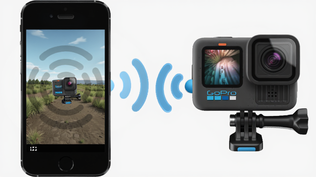 一幅展示GoPro Quik与GoPro相机无线连接场景的示意图,主体为手机与运动相机通过无线信号相连,布局为左右对称,排版简洁,风格为科技感写实插画,细节包含信号波纹、相机镜头与手机屏幕预览画面,画质高清,干净,无多余元素