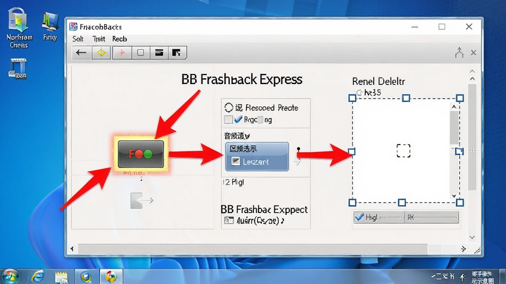 BB FlashBack Express 新手操作示意图,画面展示电脑桌面与软件录制面板,面板中高亮标注录制按钮、音频选项、区域选择框三个关键位置,布局为全屏界面截图风格,风格为简洁教学图示,细节包括红色箭头指示、文字标注清晰,画面干净无多余元素,高清晰度画质