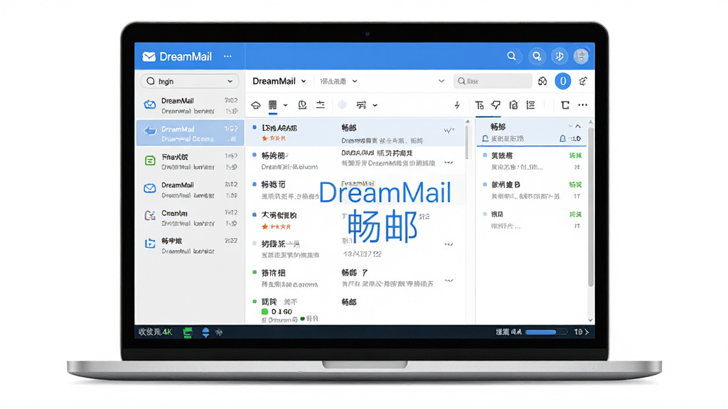 DreamMail软件主界面全景展示,主体为一台打开DreamMail客户端的笔记本电脑,布局为居中构图,排版为左侧侧边栏显示多个邮箱账号列表,右侧为主邮件列表与阅读窗格,风格为现代简约商务风,细节包括蓝色主题配色、清晰的邮件分类标签、顶部工具栏按钮、底部状态栏显示收发进度,画质为高清4K,干净无多余元素,画面中屏幕内文字标注“DreamMail”和“畅邮”
