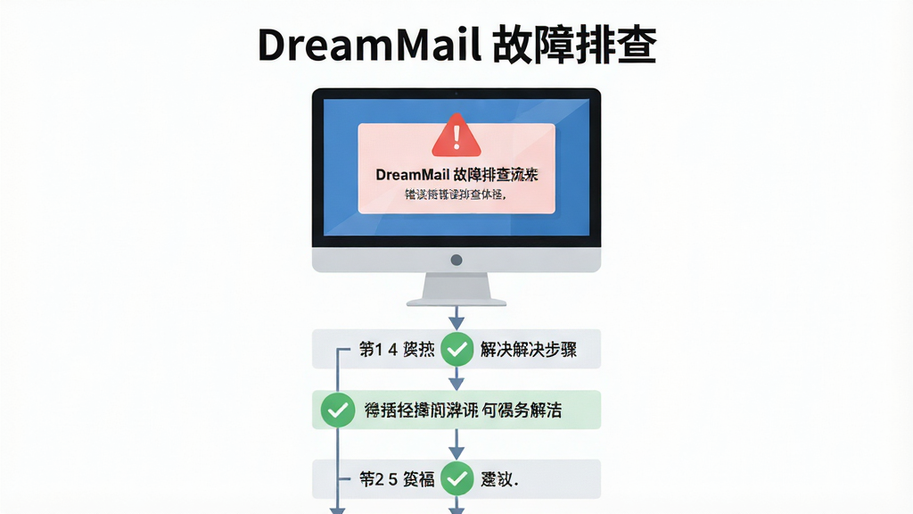 DreamMail问题排查流程图,主体为电脑屏幕显示错误提示与解决步骤,布局为纵向流程式,排版为从上到下依次排列,风格为扁平化信息图,细节包括红色警告图标、绿色对勾图标、步骤编号与简短文字说明,画质为高清,干净无多余元素,画面中文字标注“DreamMail 故障排查”