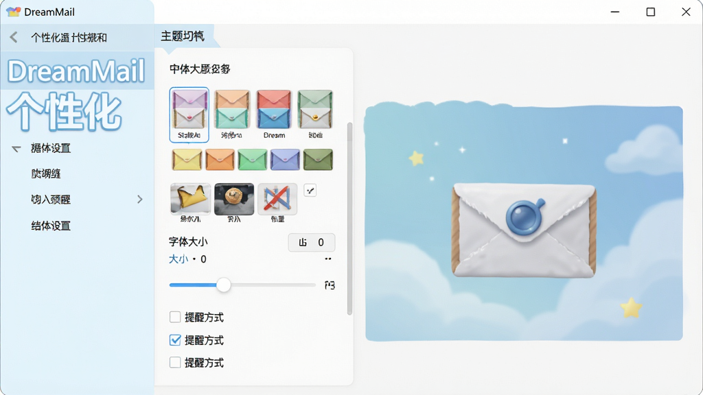 DreamMail个性化设置界面,主体为软件设置面板与主题切换预览,布局为左右分栏,排版为左侧菜单右侧预览,风格为清新浅色风,细节包括多套配色方案缩略图、字体大小调节滑块、提醒方式勾选项,画质为高清,干净无多余元素,画面中文字标注“DreamMail 个性化”