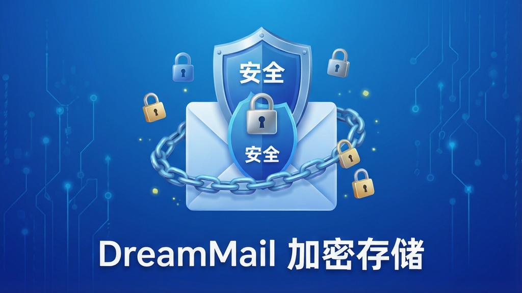DreamMail安全加密功能展示图,主体为一个带有盾牌与锁形图标的邮件信封,布局为居中对称,排版为上方图标下方文字说明,风格为科技安全风,细节包括蓝色渐变背景、邮件图标周围环绕加密锁链、盾牌上显示“安全”字样,画质为高清,干净无多余元素,画面中文字标注“DreamMail 加密存储”
