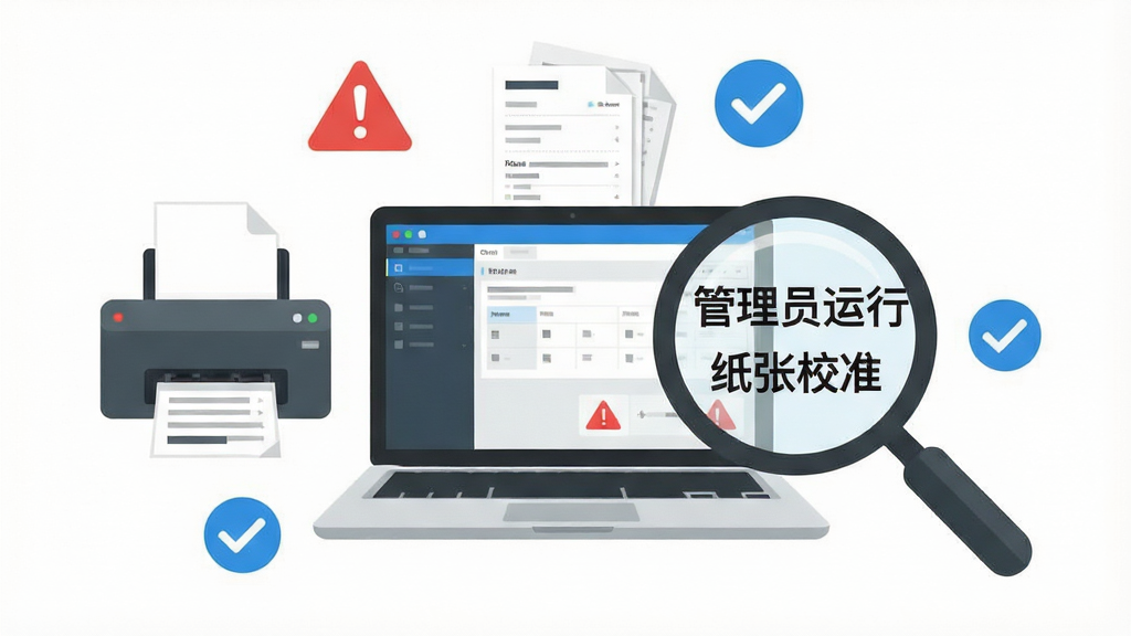 一张好易用快递单打印软件新手操作场景的示意图,画面中央是一台笔记本电脑,屏幕上显示软件界面,周围环绕着打印机、快递单纸张和放大镜图标,放大镜内突出显示“管理员运行”和“纸张校准”两个关键操作步骤,布局以电脑为中心呈放射状,风格为扁平化信息图,细节包含红色警示三角和蓝色对勾标识,画质清晰,干净无多余元素