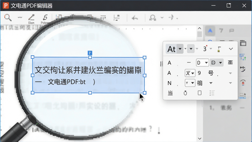 һ�žֲ��Ŵ�ʾ��ͼ��չʾ�ĵ�ͨPDF�༭�����ڱ༭һ�����֣����ֱ�ѡ�к������ɫ�߿�ͱ༭��꣬�Ա߸�����������ʾ������ֺ�ѡ��������ִ���࣬��Ļ�����С��ĵ�ͨPDF�༭������ʶ������������������Ԫ��