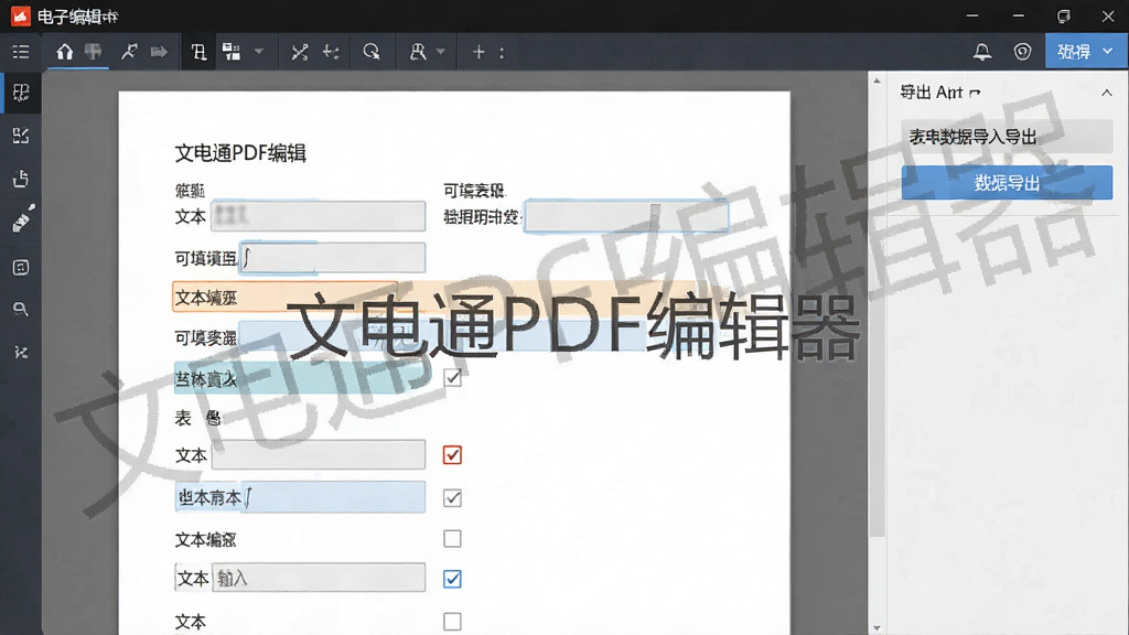 һ�Ž�������ʾ��ͼ������չʾ�ĵ�ͨPDF�༭���е�һ�ݵ��ӱ����������ڰ����ı������͹�ѡ�����в����ֶ����Զ�������ʾΪ����д�����Ҳ������ʾ�������ݵ��뵼����ť�������������׶������С��ĵ�ͨPDF�༭����ˮӡ�����ʸɾ�