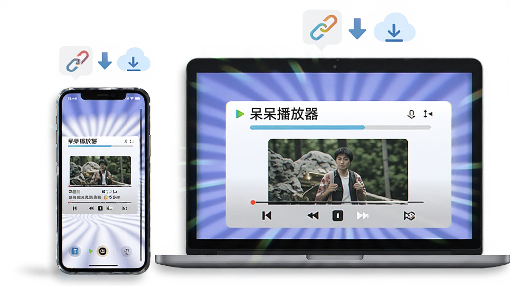 画面中央一部智能手机与一台笔记本电脑并排摆放,两块屏幕均显示