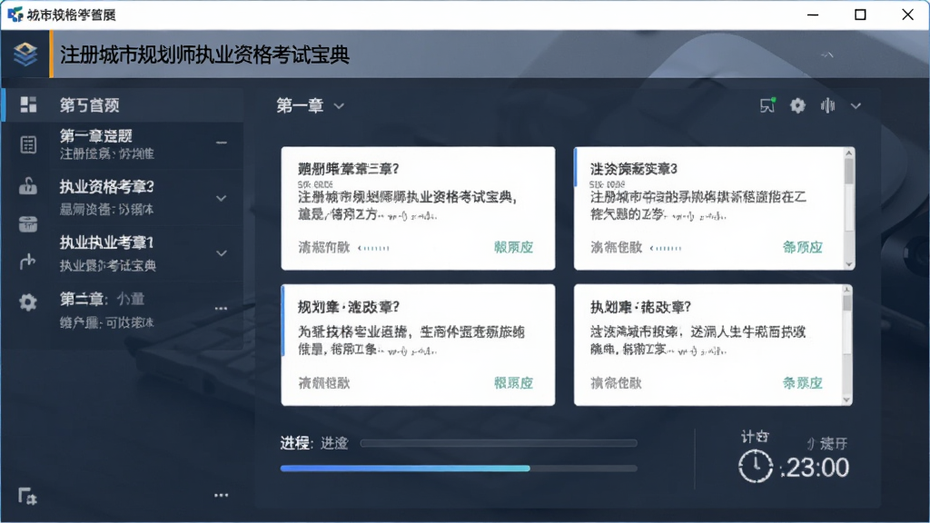 软件主界面全貌展示,主体为注册城市规划师执业资格考试宝典的电脑端窗口,布局分为左侧功能导航栏与右侧答题区,排版整齐清晰,风格为简约商务教育风,细节包含章节列表、题目卡片、进度条与计时器,画质高清干净,无多余元素