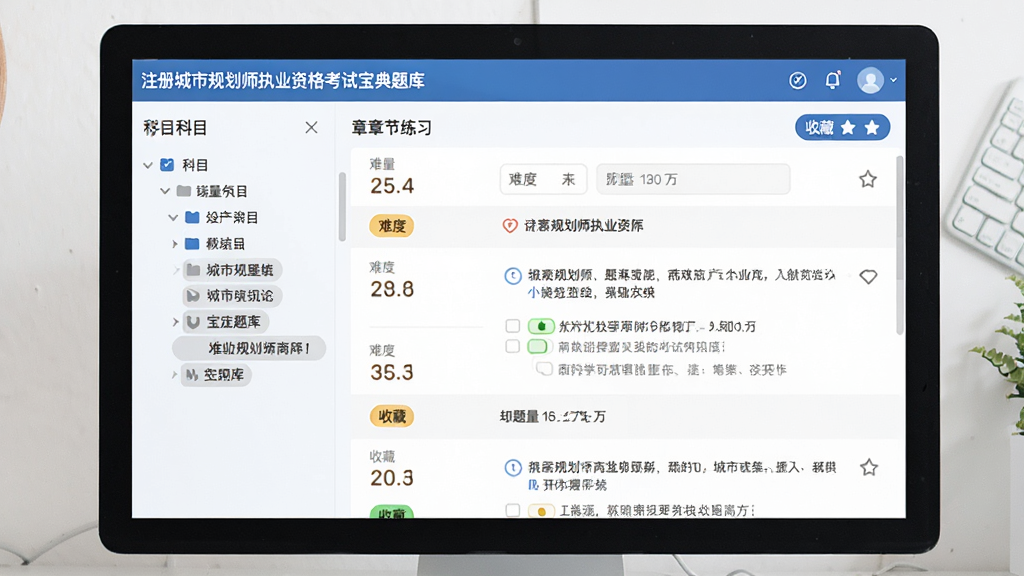 注册城市规划师执业资格考试宝典题库界面,主体为电脑屏幕中的章节练习列表,布局为左侧科目树、右侧题目预览,排版层次分明,风格为清爽学习风,细节包含题量统计、难度标签、收藏按钮,画质清晰干净,无多余元素