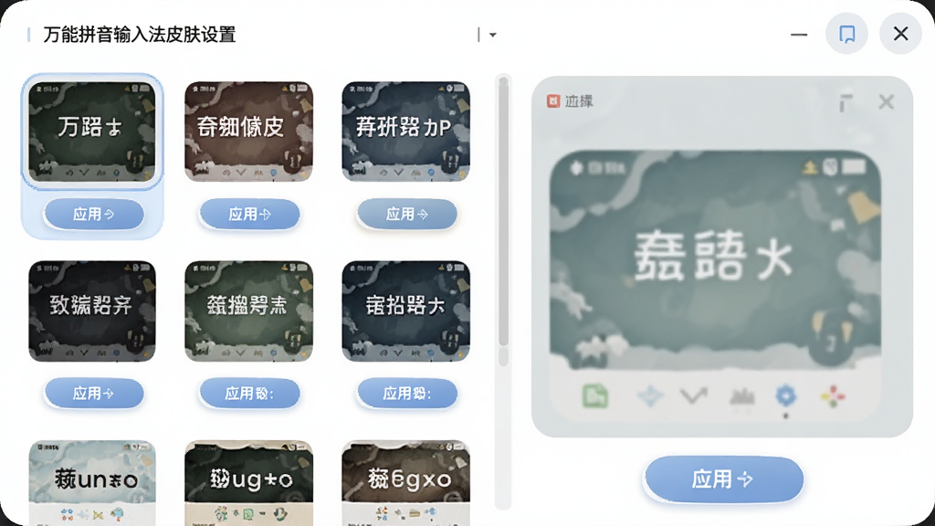 一张展示万能拼音输入法皮肤设置界面的图片,画面主体为皮肤选择面板和预览窗口,布局为网格状排列,采用柔和圆角风格,细节包括多款皮肤缩略图、应用按钮,画质清晰,干净,无多余元素