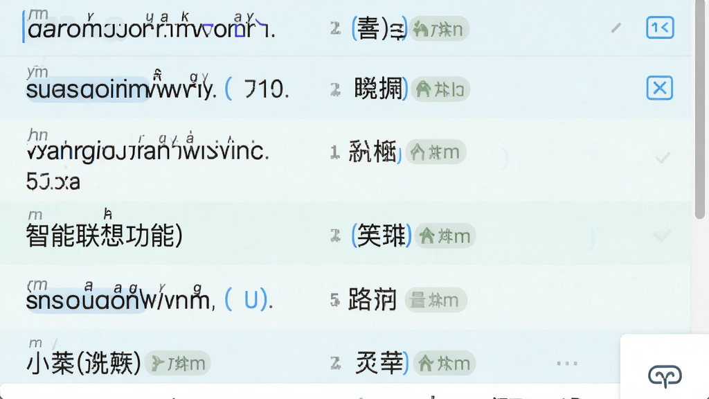 一张展示万能拼音输入法智能联想功能的图片,画面主体为输入法候选词界面,布局为纵向排列的候选词列表,采用清新浅色风格,细节包括拼音串、候选词、词频标注,画质清晰,干净,无多余元素