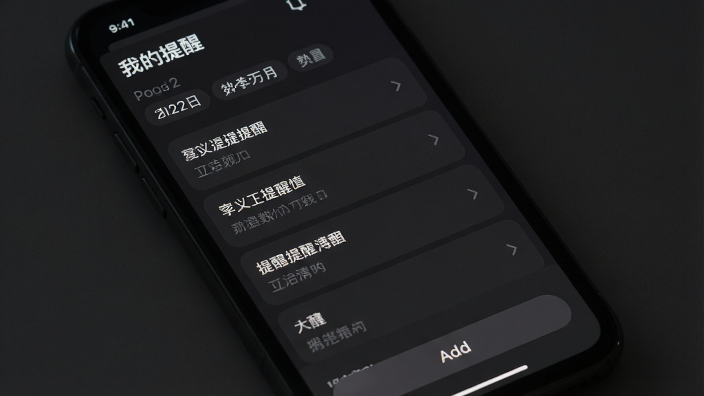 一张手机屏幕展示“我的提醒”深色模式界面的图片,背景为深灰色,文字为白色,提醒事项列表清晰可见,顶部有日期和分类标签,底部有添加按钮,整体风格沉稳舒适,画质干净,无多余元素,适合展示夜间使用场景