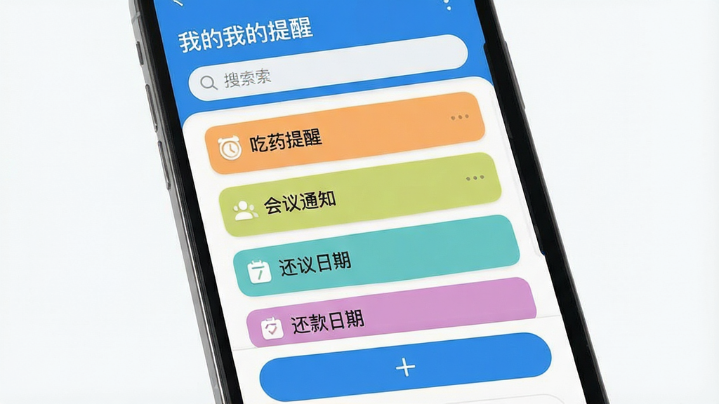 一张手机屏幕展示待办事项列表的图片,画面中央是“我的提醒”应用主界面,顶部有日期和搜索栏,中间排列着多条彩色标记的提醒卡片,包括吃药提醒、会议通知、还款日期等,底部有添加按钮,整体布局清晰,采用扁平化设计风格,配色以蓝白为主,细节上图标圆润、文字清晰,画质干净无多余元素,适合作为软件下载站展示图