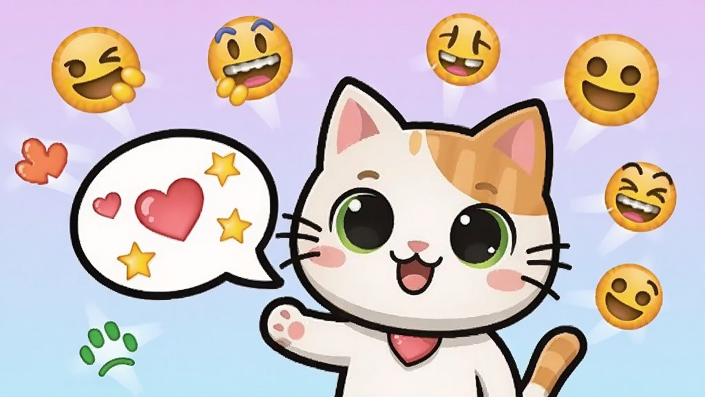 卡通猫咪角色手持对话气泡,气泡中带有爱心和星星图案,周围漂浮着各种表情符号,背景为浅紫色渐变,风格可爱活泼,画面简洁明快,高清画质,无多余元素。