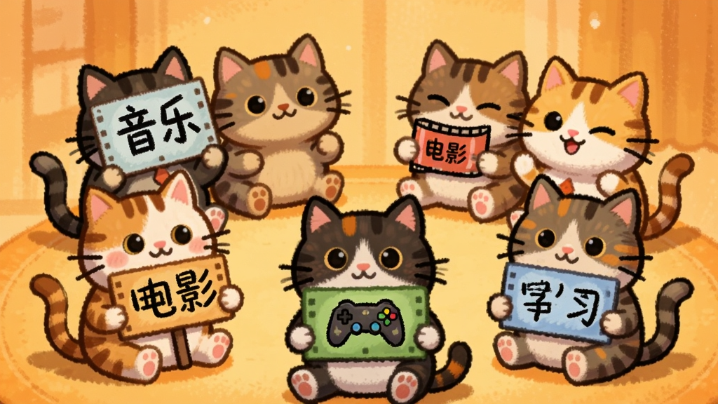 一群卡通猫咪围坐成圆形,各自举着不同兴趣标签的牌子,如音乐、电影、游戏、学习,背景为温暖的橙黄色调,风格温馨友好,构图均衡,高清画质,无多余元素。