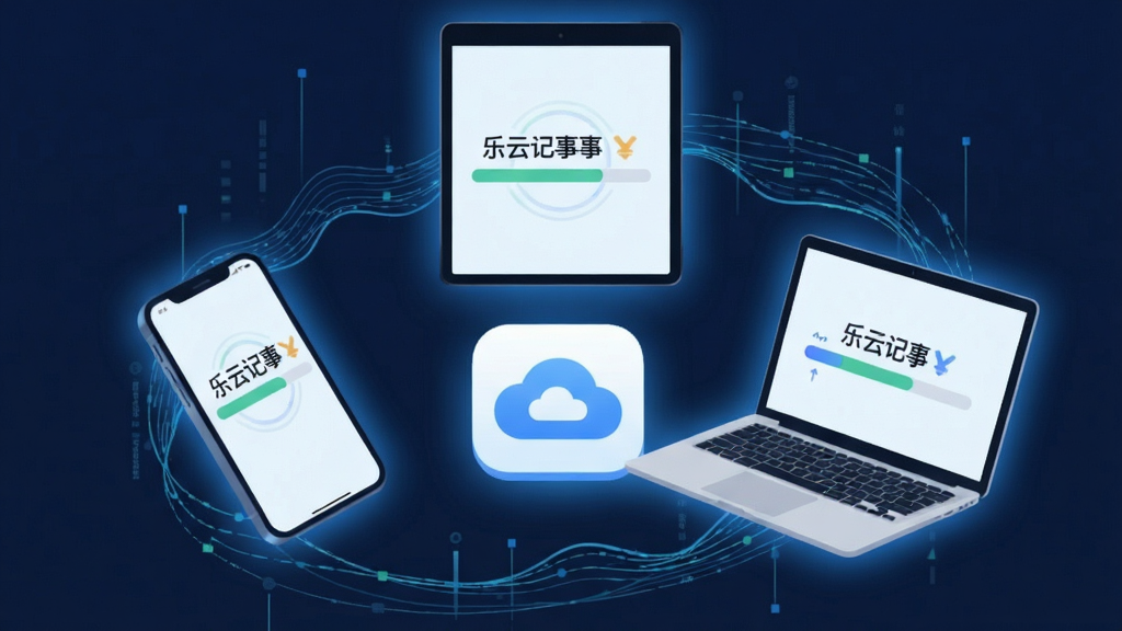 主体为三台不同设备(手机、平板、笔记本)呈三角形悬浮排列,屏幕均显示“乐云记事”的同步进度条动画;布局为环绕式动态构图;排版突出中心位置的云朵同步图标;风格为扁平化插画风;细节上设备屏幕带有微弱的蓝色光晕,背景有流动的数据线条;画质清晰,干净,无多余元素。