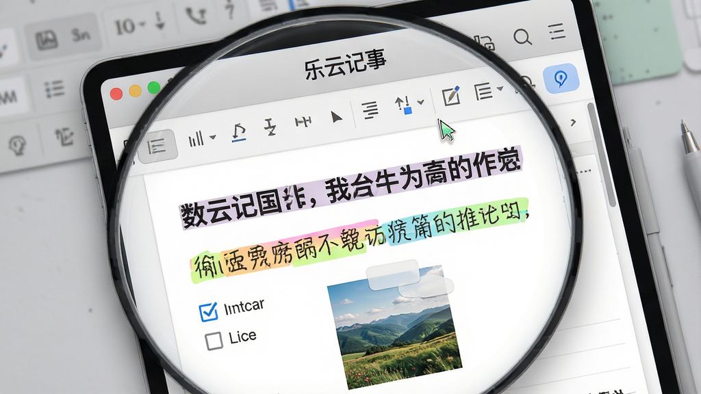 主体为一张放大的笔记编辑界面截图,标题为“乐云记事”,内容区域展示加粗文字、彩色高亮、待办方框和一张插入的风景小图;布局为居中特写;排版模拟真实软件界面;风格为写实UI风格;细节上工具栏图标清晰可见,光标闪烁,背景为浅灰色工作台;画质清晰,干净,无多余元素。