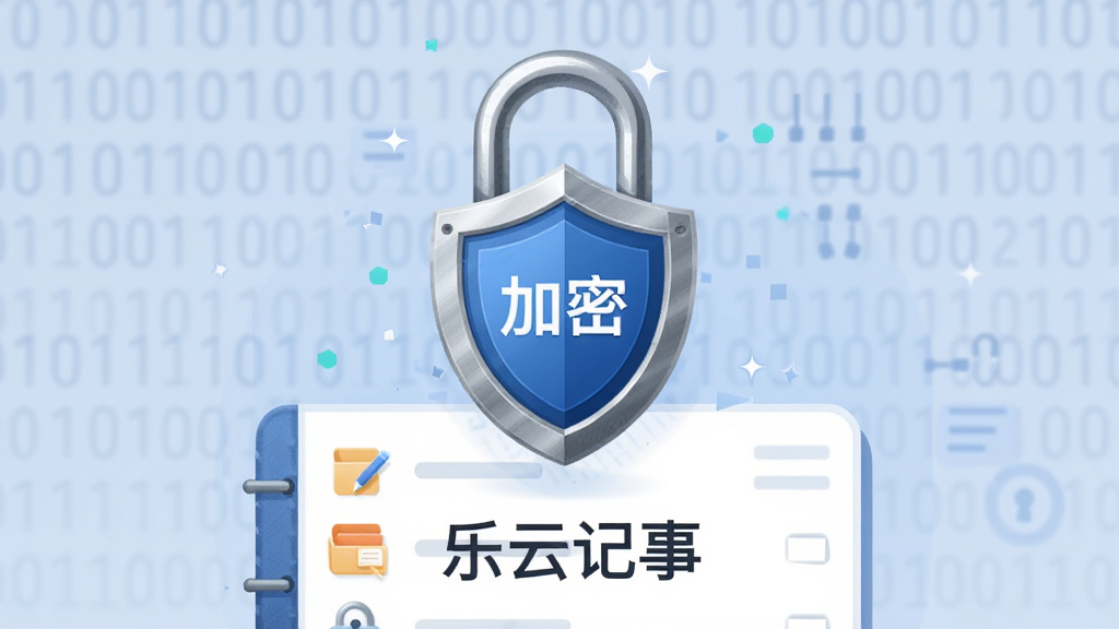 主体为一个带有盾牌图标的锁头悬浮在“乐云记事”的笔记列表上方,盾牌上写有“加密”字样;布局为居中垂直构图;排版简洁有力;风格为扁平化安全主题插画;细节上锁头带有金属质感,背景有淡淡的二进制代码纹理;画质清晰,干净,无多余元素。