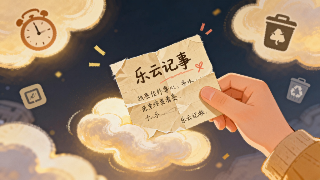主体为一只手从发光的云朵中取回一张写有“乐云记事”的笔记卡片,周围散落着时钟和回收站图标;布局为对角线动态构图;排版突出“找回”动作;风格为温暖治愈系插画;细节上云朵有柔和光晕,卡片带有折痕和手写文字;画质清晰,干净,无多余元素。