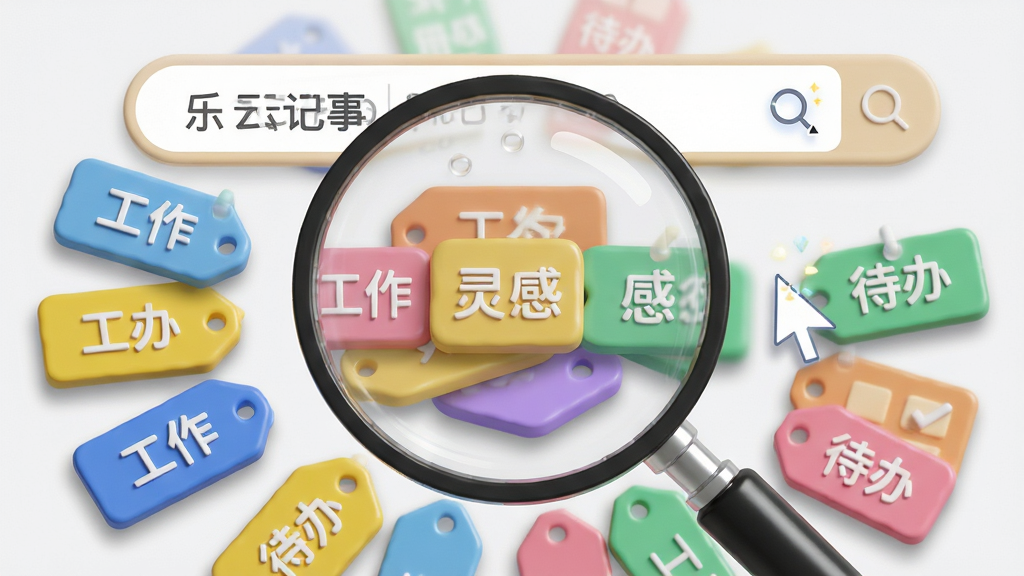 主体为放大镜聚焦在一堆彩色标签卡片上,卡片上写有“工作”“灵感”“待办”等字样,背景是“乐云记事”的搜索框;布局为放射状散开;排版突出搜索框与标签的互动关系;风格为3D微立体风格;细节上标签带有轻微阴影和光泽,搜索框内有光标闪烁;画质清晰,干净,无多余元素。
