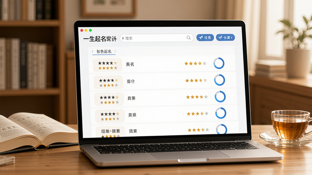 一幅AI生成图片,画面主体是一台打开的笔记本电脑,屏幕上显示美名一生起名软件的智能起名结果页面,页面上排列着多行名字列表,每个名字旁边有五行图标和评分圆环,屏幕上方有搜索框和筛选按钮,背景是温馨的书房环境,桌面上放着一本翻开的字典和一杯茶,风格写实柔和,光线温暖,画质细腻,画面干净整洁,无多余元素