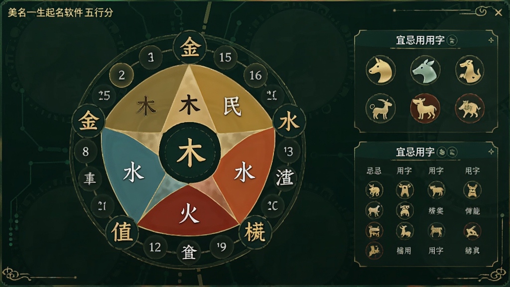 一幅AI生成图片,画面展示美名一生起名软件的五行分析界面,屏幕中央是一个圆形五行图,金木水火土五个区域用不同颜色区分,周围环绕着对应的汉字和数字标注,右侧有生肖图案和宜忌用字列表,整体风格为科技感与传统文化的结合,配色以金色、墨绿、朱红为主,布局对称工整,画质清晰,画面干净,无多余元素