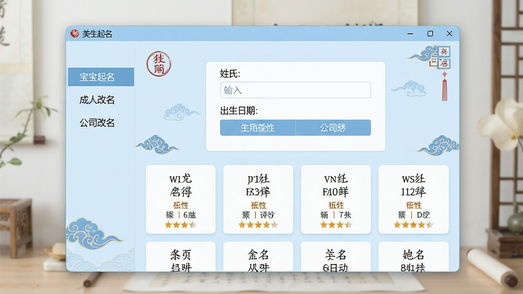 一张展示美名一生起名软件主界面的场景图,画面中央是软件窗口,窗口内显示输入姓氏和出生日期的表单区域,下方排列着多个候选名字卡片,每个卡片标注拼音、五行属性和评分星级,窗口左侧有功能导航栏,包含宝宝起名、成人改名、公司起名等选项,整体布局清晰整洁,风格为现代简约的浅蓝色调UI设计,细节上体现汉字元素和传统纹样点缀,画质清晰,画面干净,无多余元素