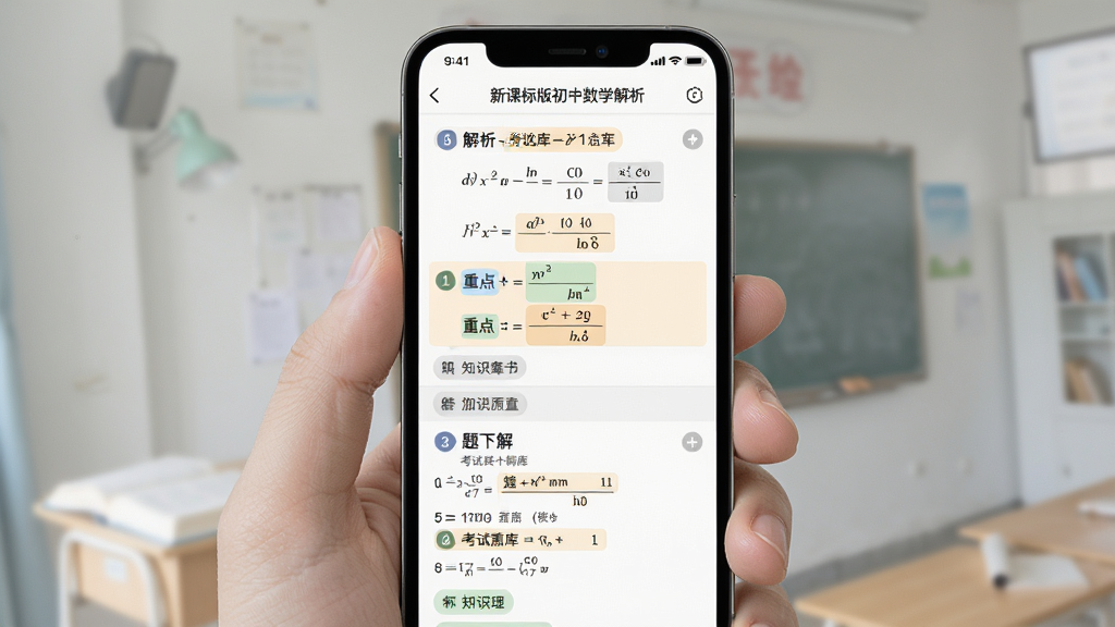 考试通题库-新课标版初中数学解析页面展示,主体为手机屏幕中的题目解析界面,布局为上题下解、左右分栏,排版清晰易读,风格为简约教育风,细节包含公式渲染、步骤编号、重点标注色块、知识点标签,画质高清,画面干净,无多余元素