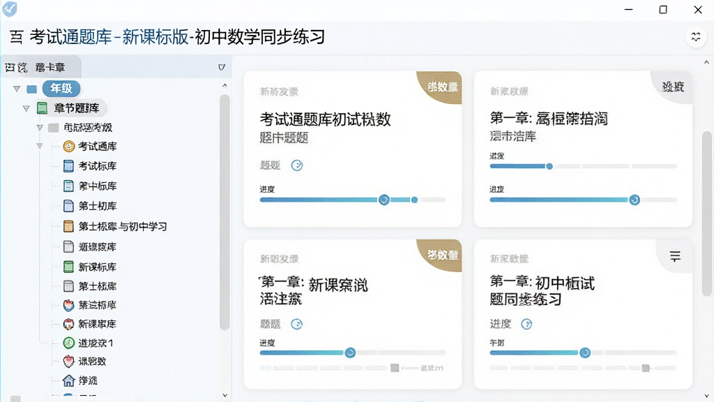 考试通题库-新课标版初中数学同步练习界面展示,主体为软件中的章节选择页面,布局为左侧树状目录、右侧题目预览卡片,排版纵向排列,风格为清爽学习风,细节包含年级标签、章节名称、题目数量角标、进度条,画质高清,画面干净,无多余元素