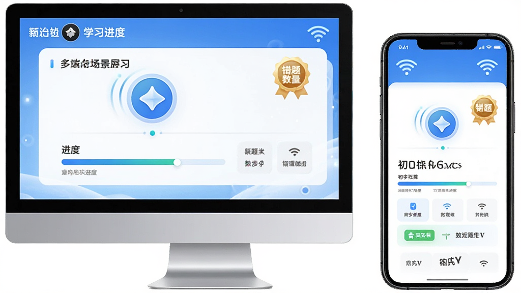 考试通题库-新课标版初中数学多端同步场景展示,主体为电脑屏幕与手机屏幕并排显示同一账号的学习进度,布局左右对称,排版简洁,风格为科技教育风,细节包含同步图标、进度条、错题数量徽标、WiFi信号标识,画质高清,画面干净,无多余元素